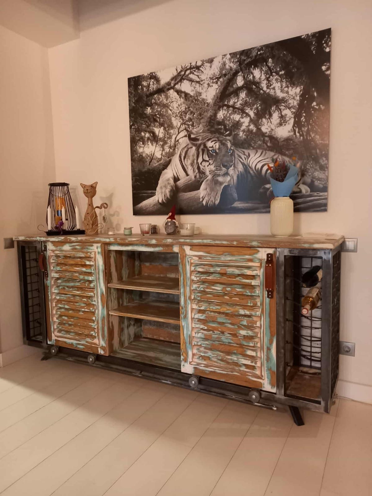 Distressed painted sideboard with a wine rack